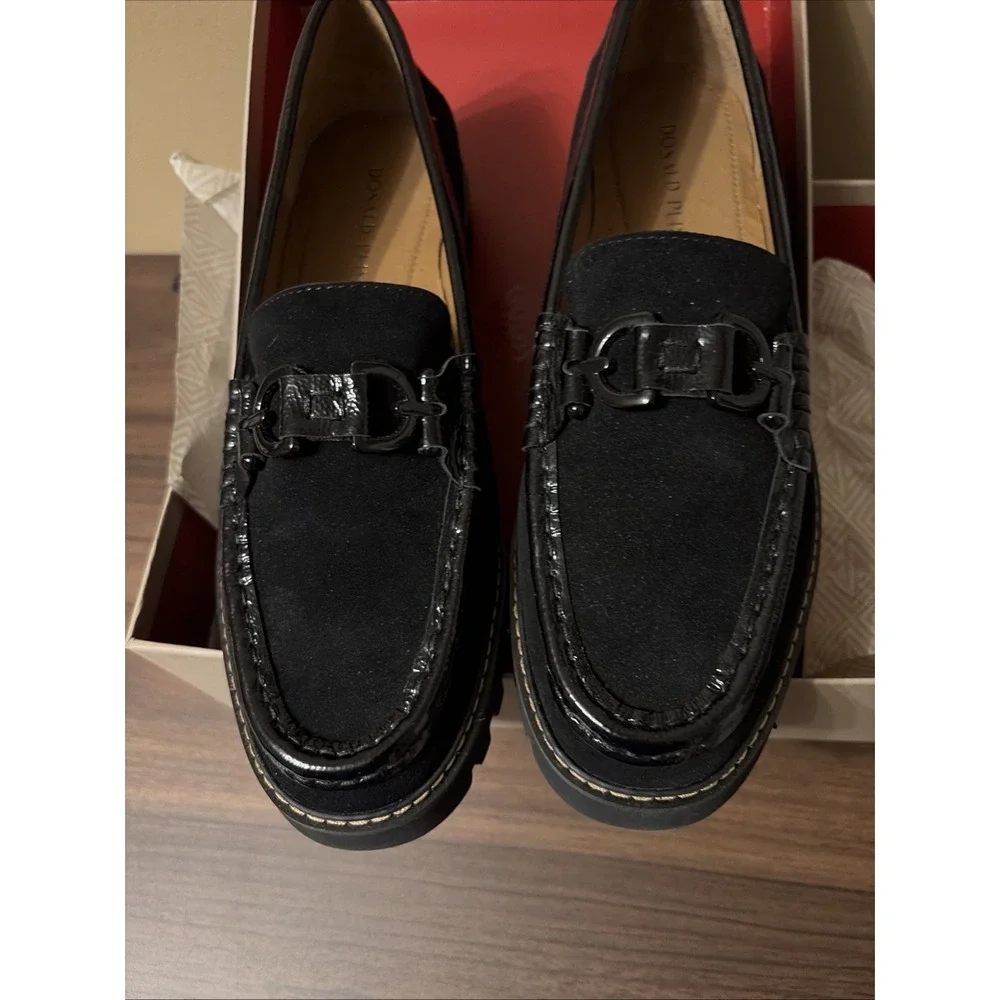 Donald Pliner 10 M Helioc Black Suede Patent Loafers Bit Lug Platform Shoe New